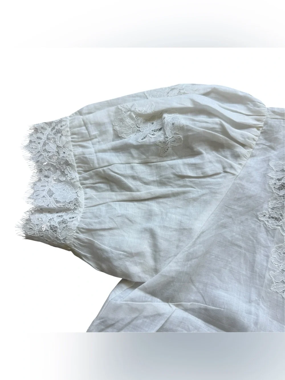 DÔEN Idella Top Salt White Lace Ramie Puff Sleeve Romantic Blouse L Cottagecore